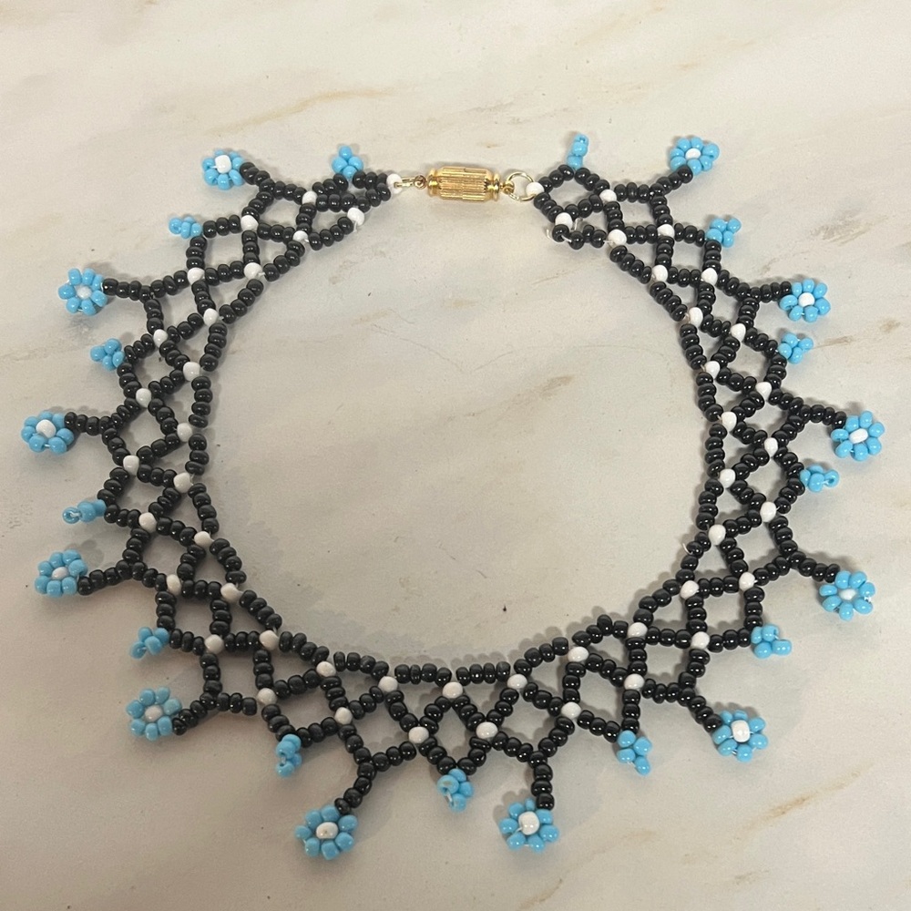 Elegant Black and Blue Beaded Necklace Hand made